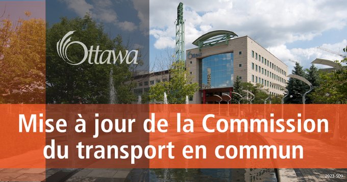 Illustration sur laquelle on aperçoit l’hôtel de ville d’Ottawa à l’arrière-plan. Au premier plan figurent un trait gris vertical et un trait orange horizontal. L’inscription « Mise à jour du Commission du transport en commun » est au centre.