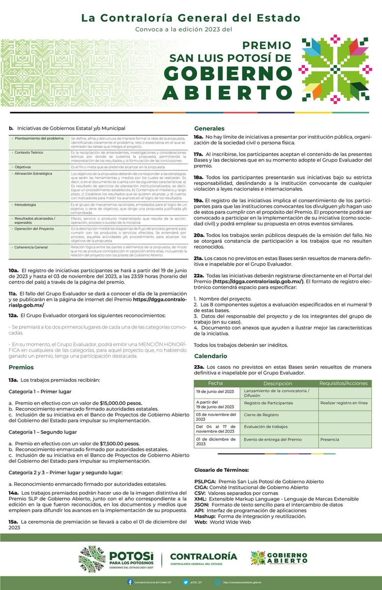 DatosAbiertosCV's tweet photo. Ya está disponible la convocatoria del “Premio San Luis Potosí de Gobierno Abierto 2023” 📣. Consulta las bases en: https://t.co/HBWkRTht0b 

En 2019 muestra iniciativa de datos abiertos muncipales obtuvo el 2do lugar del premio. https://t.co/CE3ZtcoGj2