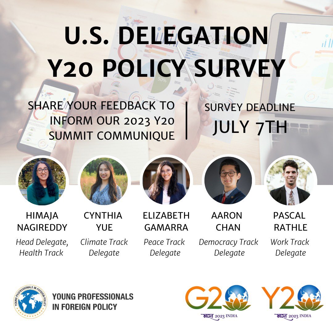 Contribute to this year’s Y20 &amp; G20! 

As our U.S. team works with 19 other delegations to draft our Y20 policies, the feedback we’ve received has been invaluable - but we need more youth voices. 

If you haven’t filled out the survey yet, PLEASE do so: tinyurl.com/usy20 ❤️