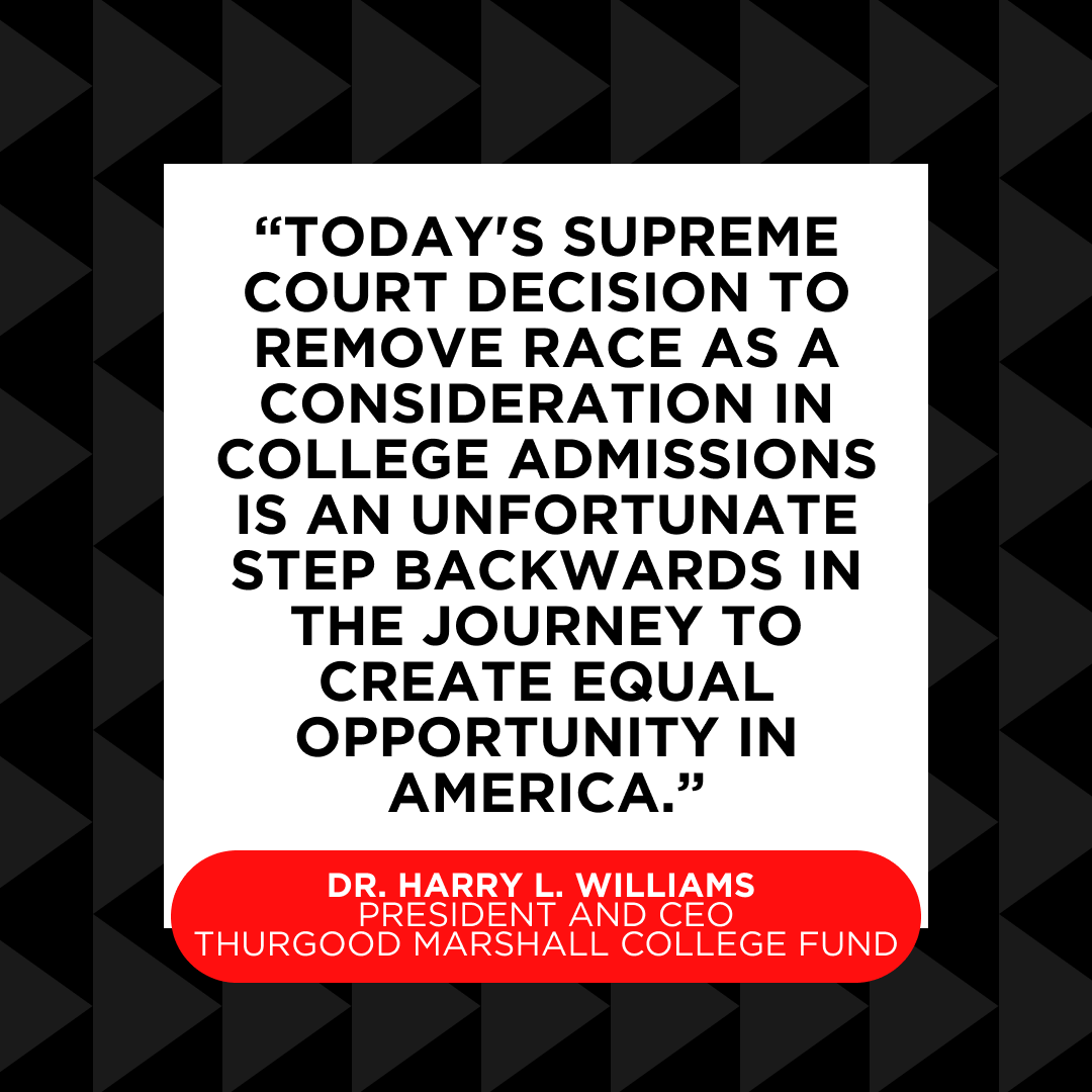 tmcf_hbcu's tweet photo. While the Supreme Court’s #affirmativeaction decision is unfortunate, it should serve as a call-to-action to policymakers and business leaders who value diversity and view it as a strength in our higher education institutions. Join our mission at https://t.co/VSQiMhEI9K https://t.co/44Z6PFXM2f