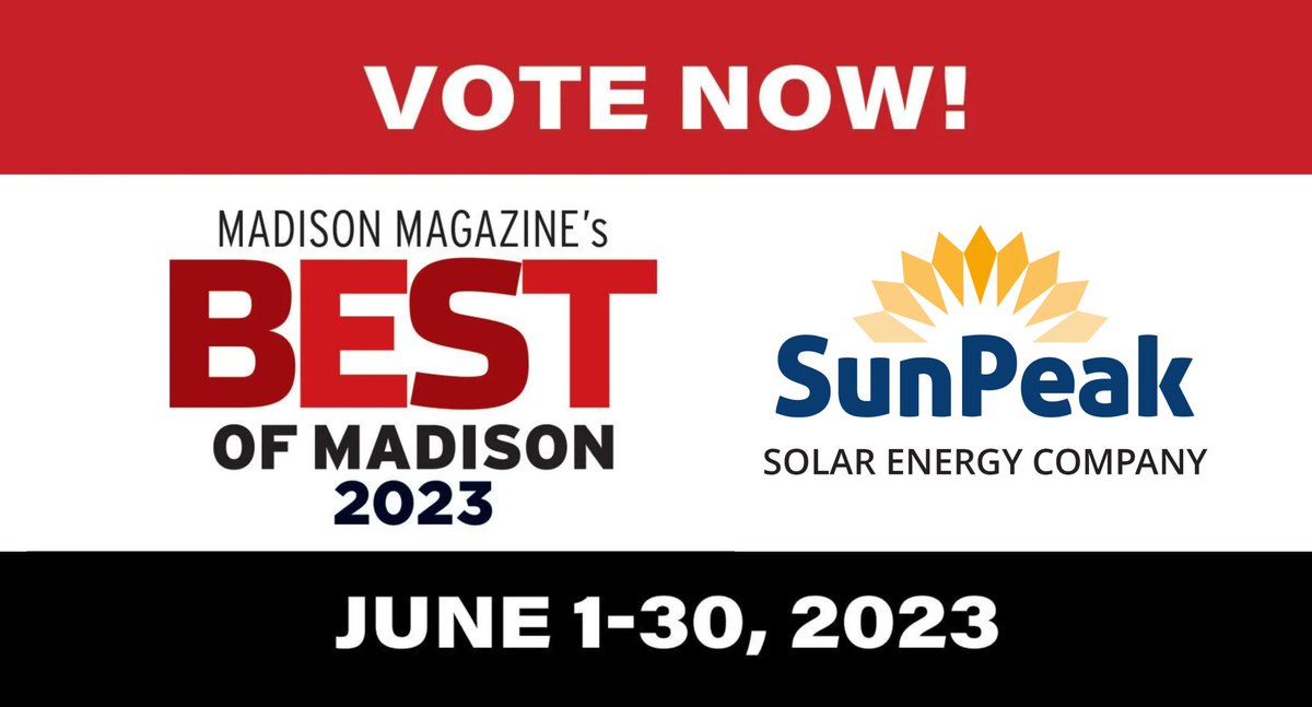 Voting closes tomorrow (6/30) for the annual "Best of Madison" awards. If you haven't had a chance to participate, check out rb.gy/9pwrw

SunPeak is a finalist in the Solar Energy Company category, listed under the Home &amp; Lifestyle tab. Thanks for your support!