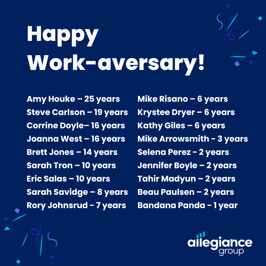 AllegGroup's tweet photo. Happy Work-aversary to our June rockstars! We celebrated a lot of anniversaries this month, including a 25-year milestone. We appreciate each of you and the years of service, hard work, and dedication you bring to our team! https://t.co/S6Z1H9PTJW