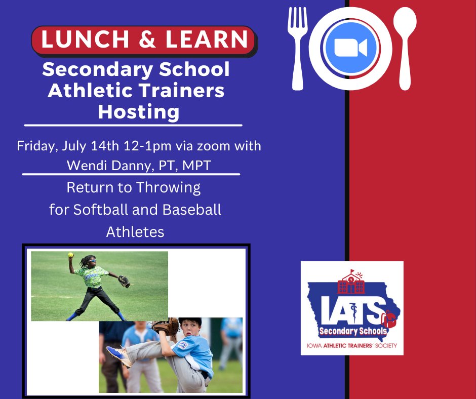 IowaATSociety's tweet image. Baseball and softball season may be winding down in Iowa but there is never a wrong time to learn more about return to throwing after injury. Join us in 2 weeks for a virtual lunch and learn hosted by IATS SSC! More info and registration link to come!
