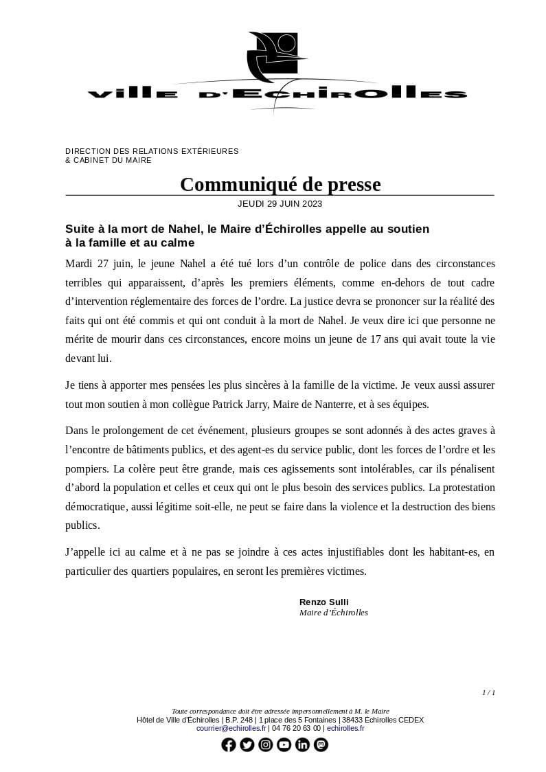 Suite à la mort de #Nahel, j’appelle au calme et au soutien à la famille
#Nanterre
