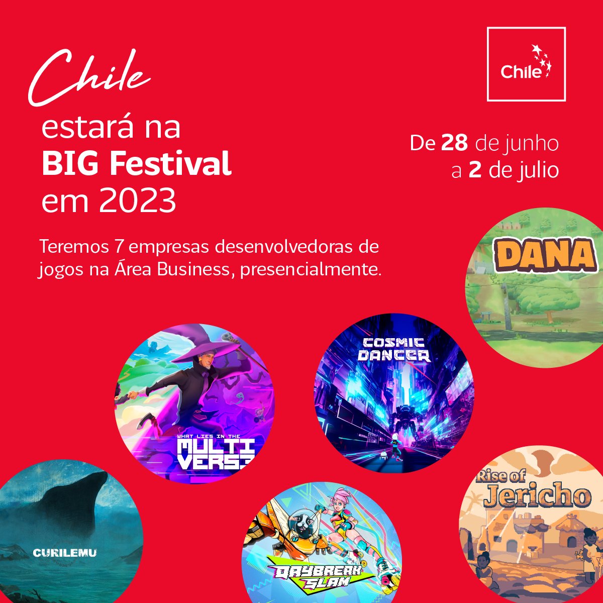 O #Chile  estará presente na BIG FESTIVAL pela 4ᵃ vez consecutiva e com uma delegação de 7 empresas apoiadas pelo <a href="/ProChile/">ProChile</a> 
No dia 29/06,  às 19:35 h, no Palco 1, haverá uma palestra de Alexander Hass, presidente da Associação Chilena de Desenvolvedores de Games “VG Chile”.