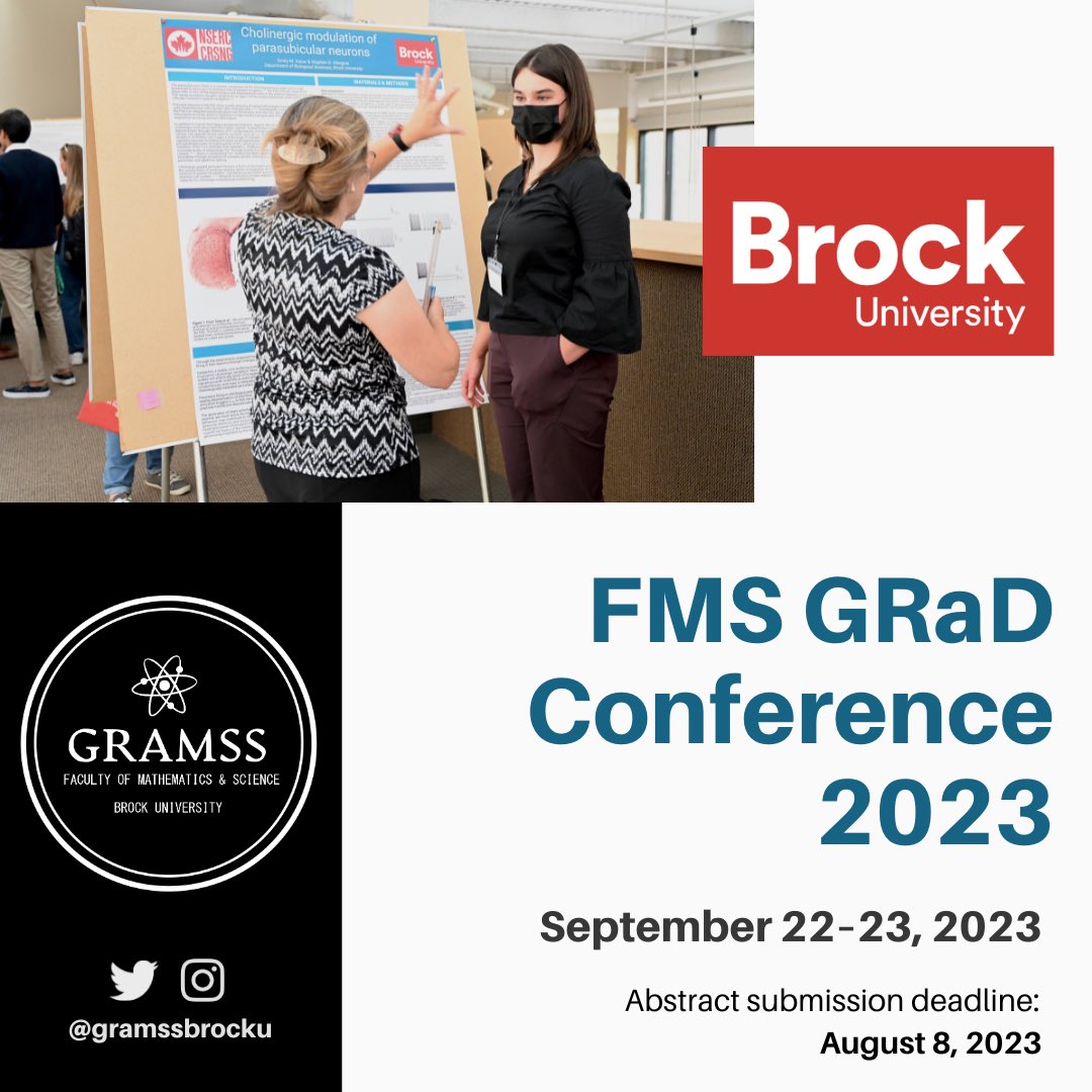 GRAMSSBrockU's tweet photo. We’re thrilled to invite all FMS graduate students, faculty, and post-docs to attend our 2nd annual FMS Graduate Research Day (GraD) Conference 🧬✨.

🗓️ September 22 and 23
⏱️Register by August 8th, 11:59 pm! 🔗Link for registration:
https://t.co/aEULfVOjHz https://t.co/2MZ1jS0Qti