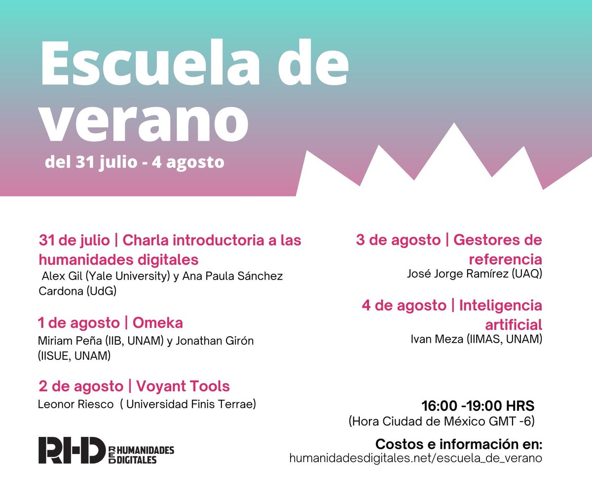 Ya está aquí, ya llegó. Nos complace anunciarles la primera edición de nuestra Escuela de verano🌊⛱️☀️

Aprende con diversos humanistas digitales las diversas posibilidades que puedes desarrollar desde las #humanidadesdigitales.

👉🏾Más información: bit.ly/434r6cH
