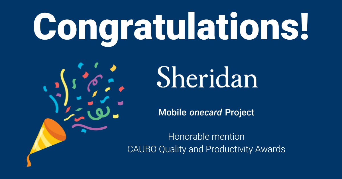 TouchNet's tweet photo. Join us in congratulating @sheridancollege for receiving honorable mention from the #CAUBO annual Quality and Productivity Awards Program for the launch of their Mobile OneCard.
Cheers to the entire team involved! https://t.co/KzWnN24Ect
