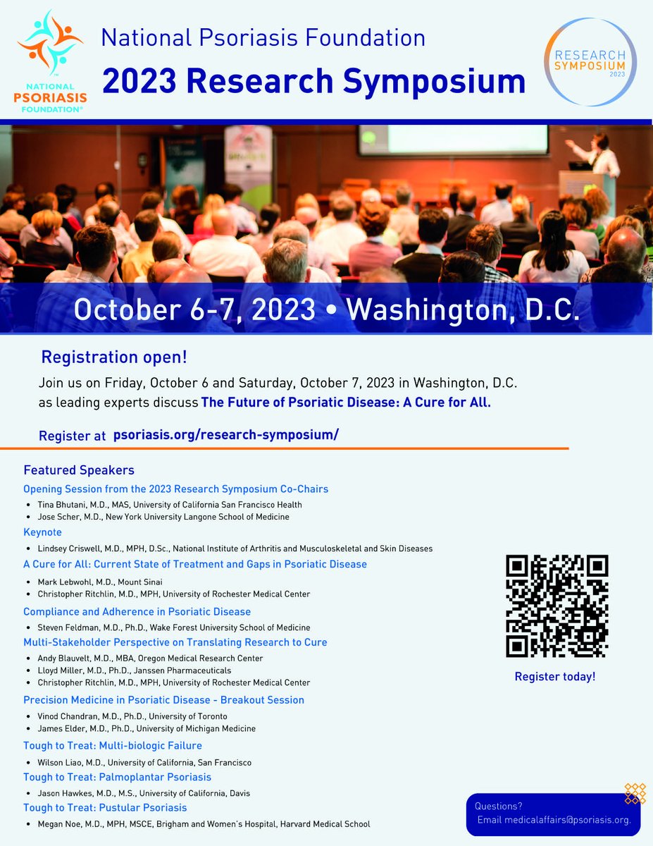 Registration is now open for <a href="/NPF/">National Psoriasis Foundation</a>'s 2023 Research Symposium!  From October 6-7, featured speakers and leading experts will discuss "The Future of Psoriatic Disease: A Cure for All."

Please register here: psoriasis.org/research-sympo….

#Psoriasis #DermTwitter #Dermatology