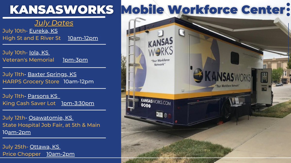 Here is the Mobile Workforce Center's schedule for July! Please share with anyone in these areas that need job search assistance or computer access! #sekworks #kansasworks #mobileunit #southeastkansas #sek #jobsearch #resumeassistance