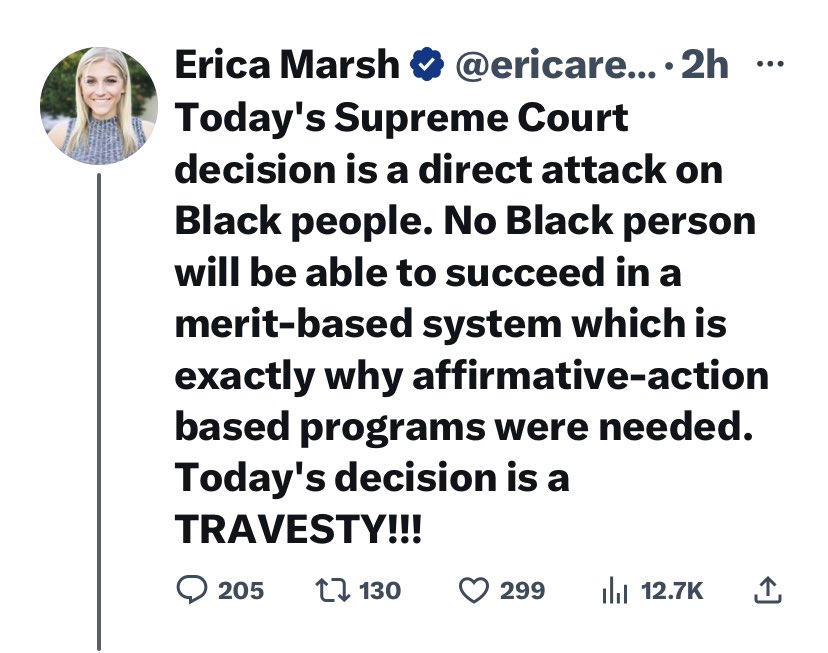 wrong_speak's tweet image. "No black person will be able to succeed in a merit-based system"

The quiet part has finally been said out loud. Our white progressive saviors don't think very highly of us.

(Credit @liberalsracists)