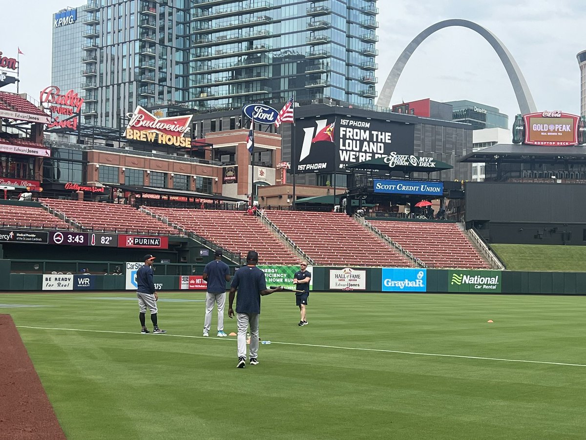 Michael Brantley and Yordan Alvarez take the field to get their work in.