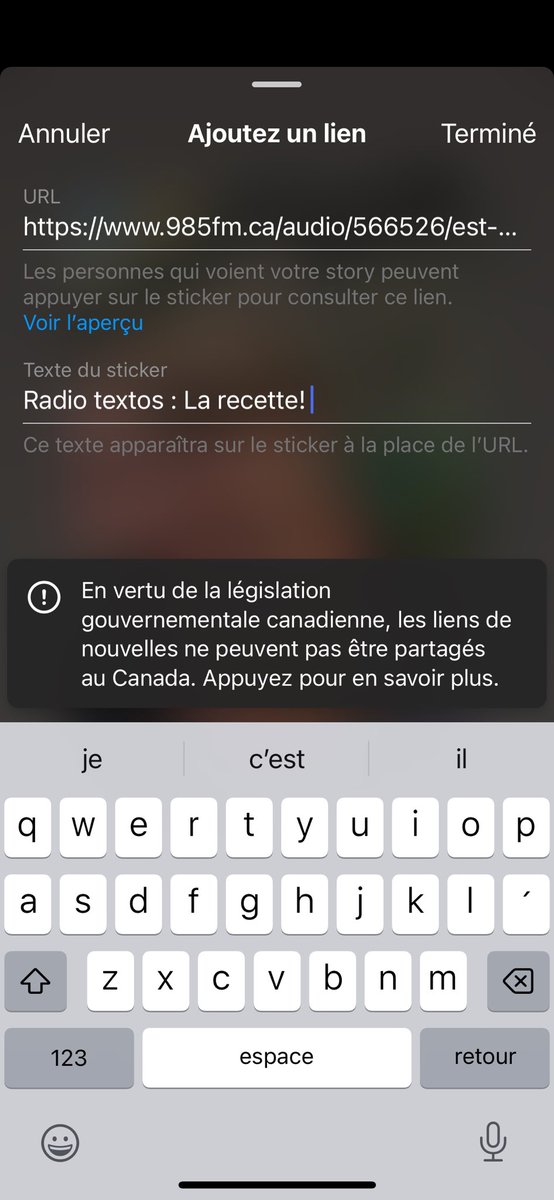 J’essaie de partager un lien de mon émission sur Instagram. Impossible. BEN VOYONS!!!