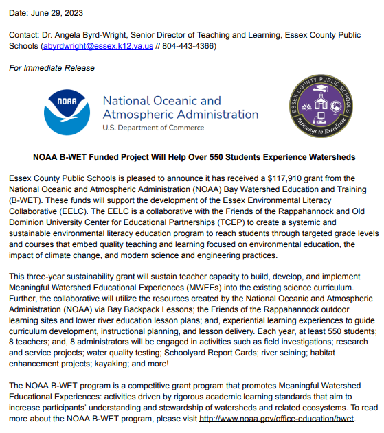 abyrdwright's tweet photo. ECPS is pleased to announce it has received a $117,910 grant from @NOAA Bay Watershed Education and Training (B-WET) to advance science education through meaningful watershed educational experiences for our teachers and students over the next three years! #NOAABWET @EssexSchools https://t.co/1iYoknqgH8