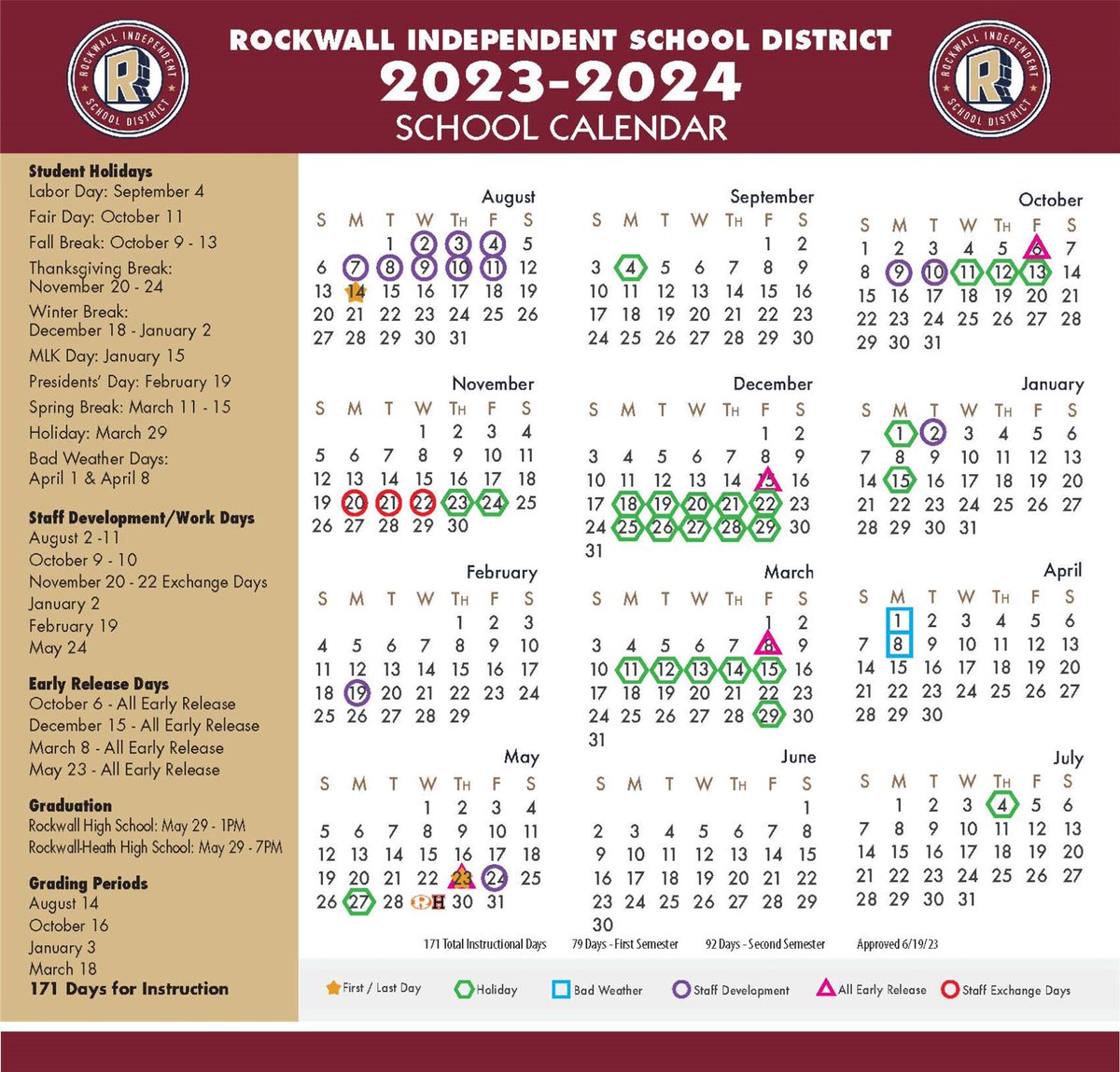 Take a look at the newly approved 2023 - 2024 school year calendar! 📅

You can also view the calendar here: rockwallisd.com/Page/20416