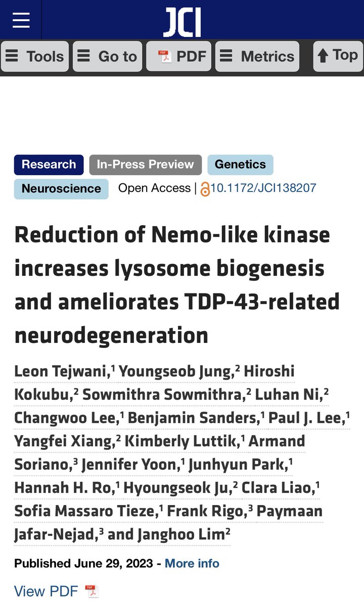 Excited to finally share the in-press preview of one of the papers from my PhD work in the @LimLabYale , published at @jclinicalinvest : jci.org/articles/view/…! Long story short, we identified a novel role for NLK in negatively regulating lysosomal gene expression in neurons🧠