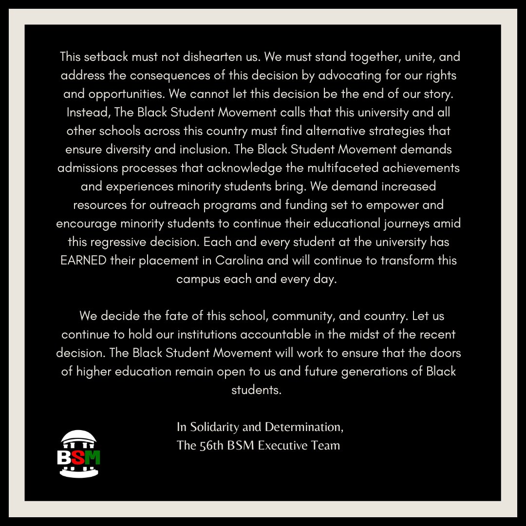 Please read The Black Student Movement's official statement regarding the recent Supreme Court case overturning Affirmative Action.