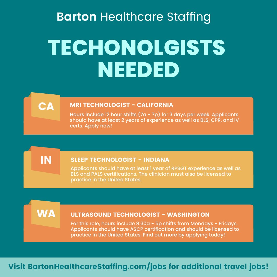 bartonhstaffing's tweet image. Kick off the Summer with a new #travelassignment! Check out our listings below:
MRI Technologist in California - bit.ly/3CIWH9a 
Sleep Technologist in Indiana - bit.ly/3OMB92R  
Ultrasound Technologist in Washington - bit.ly/3qXmqZ0