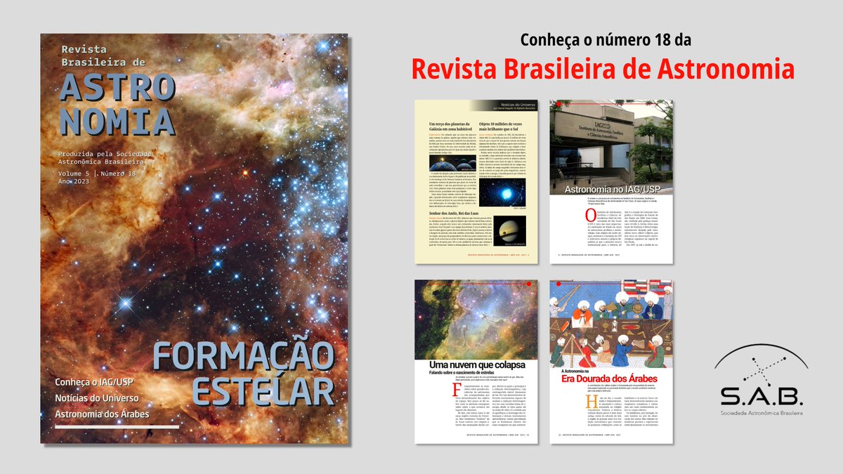 SABAstronomia's tweet photo. Lançamos hoje o número 18 da Revista Brasileira de Astronomia. Ele pode ser lido gratuitamente pelo endereço https://t.co/JP6AP8E9FG https://t.co/pG95zHL1RH