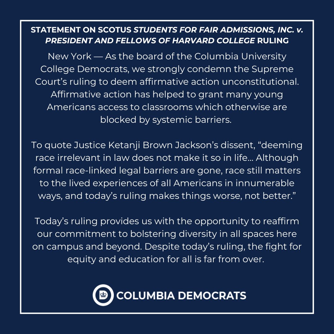 June 29, 2023 - Columbia University College Democrats Statement on Supreme Court "Students for Fair Admissions, Inc. v. President and Fellows of Harvard College" Ruling.