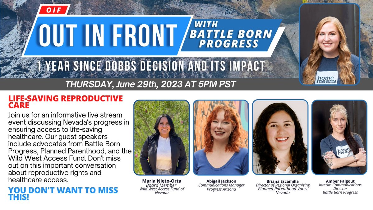 BattleBornProg's tweet photo. Just a few hours left until we go LIVE! Tune in for a convo with guests from @Progress_AZ , @WildWestFund, and @PPVotesNevada at 5 pm as we shed light on the importance of reproductive rights and Nevada's progress. See you there! #OutInFrontWithBBP https://t.co/c8saBOwiJy