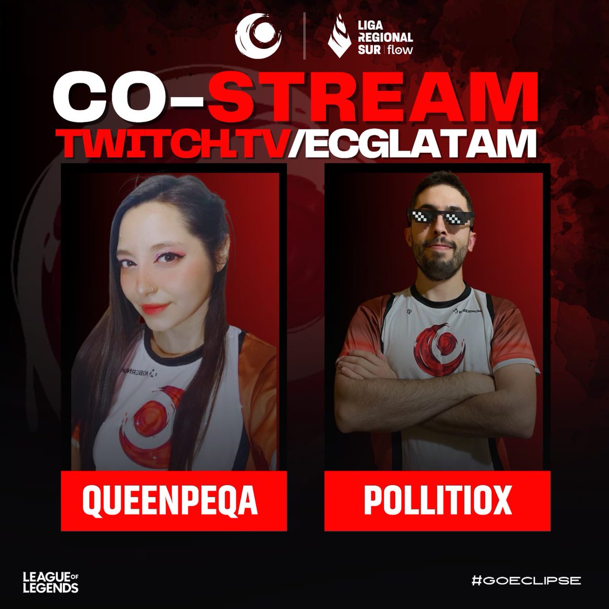 EclipseGamingCL's tweet photo. Hoy tenemos CO-STREAM
junto a @QueenPeqa y @pollitiox 

LIGA REGIONAL SUR FLOW 2023 #LRSFlow

🏆 LRS Jornada 11 @lvplolsur
🆚️ @MetaGamingpy
⏰️ 20:30 Hrs 🇨🇱
📺 https://t.co/LSvAepzhYY

#GoEclipse https://t.co/UoWxBWibrb