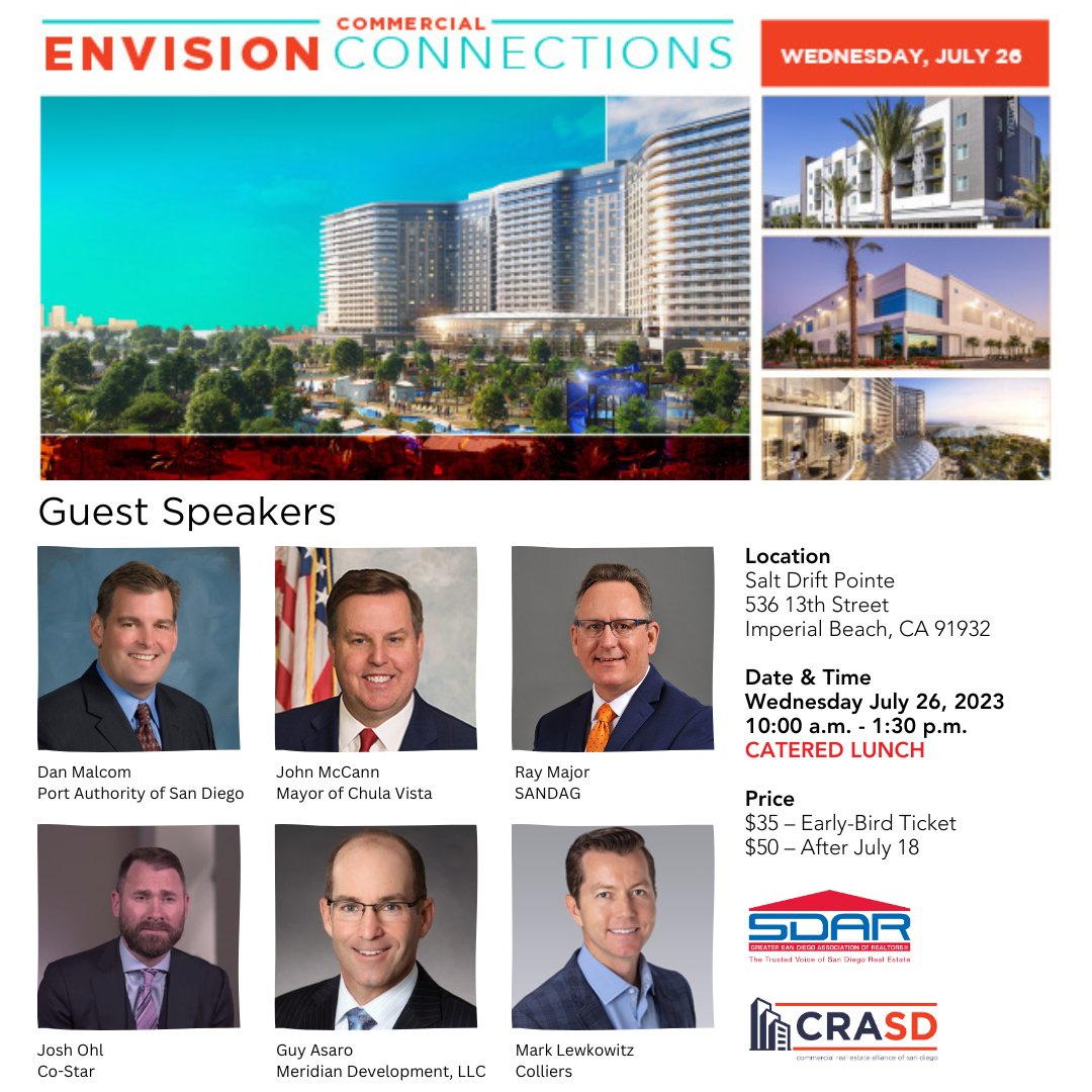 Join us for an exclusive event highlighting the hottest projects and trends shaping the region's future. Hosted by SDAR and CRASD, it's an event you won't want to miss!  Wednesday, July 26, 2023 10:00 a.m. - 1:30 p.m $35 - Early-Bird Ticket- Includes Catered Lunch