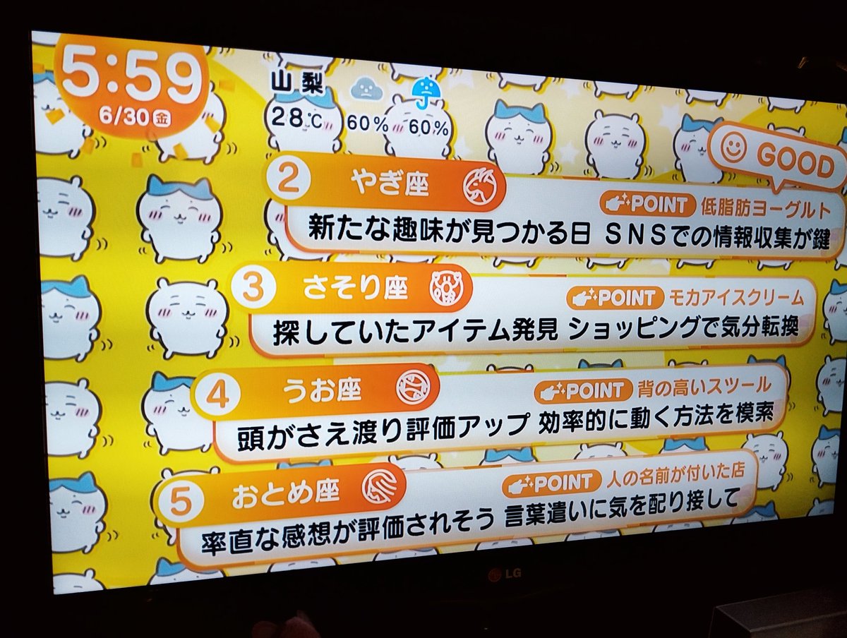 ちいかわ占い
うお座4位
まずまず良い!