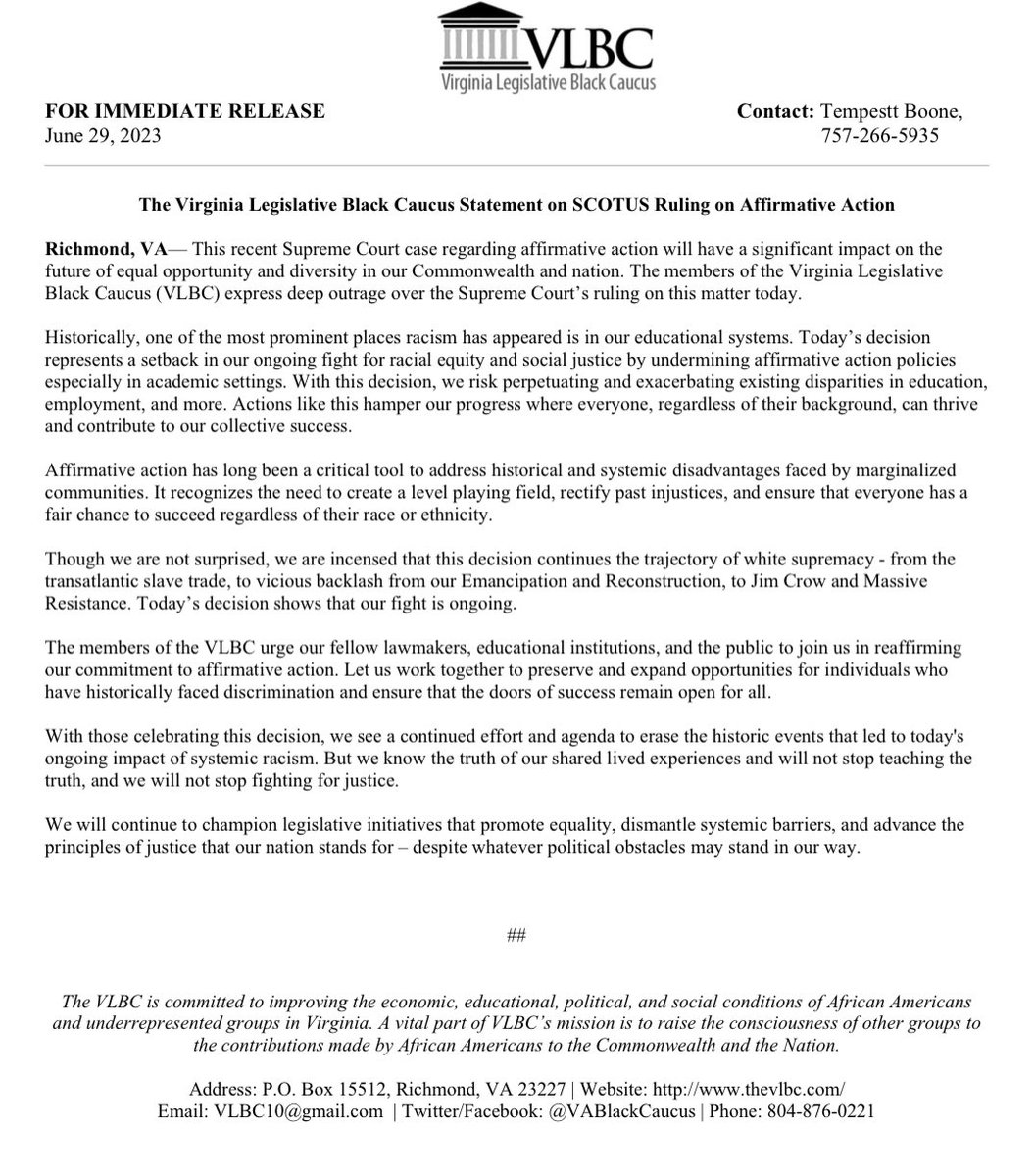 This recent Supreme Court case regarding affirmative action will have a significant impact on the future of equal opportunity &amp; diversity in our Commonwealth and nation. The VLBC expresses deep outrage over the ruling on this matter today.

Full statement:
thevlbc.com/2023/06/29/sco…