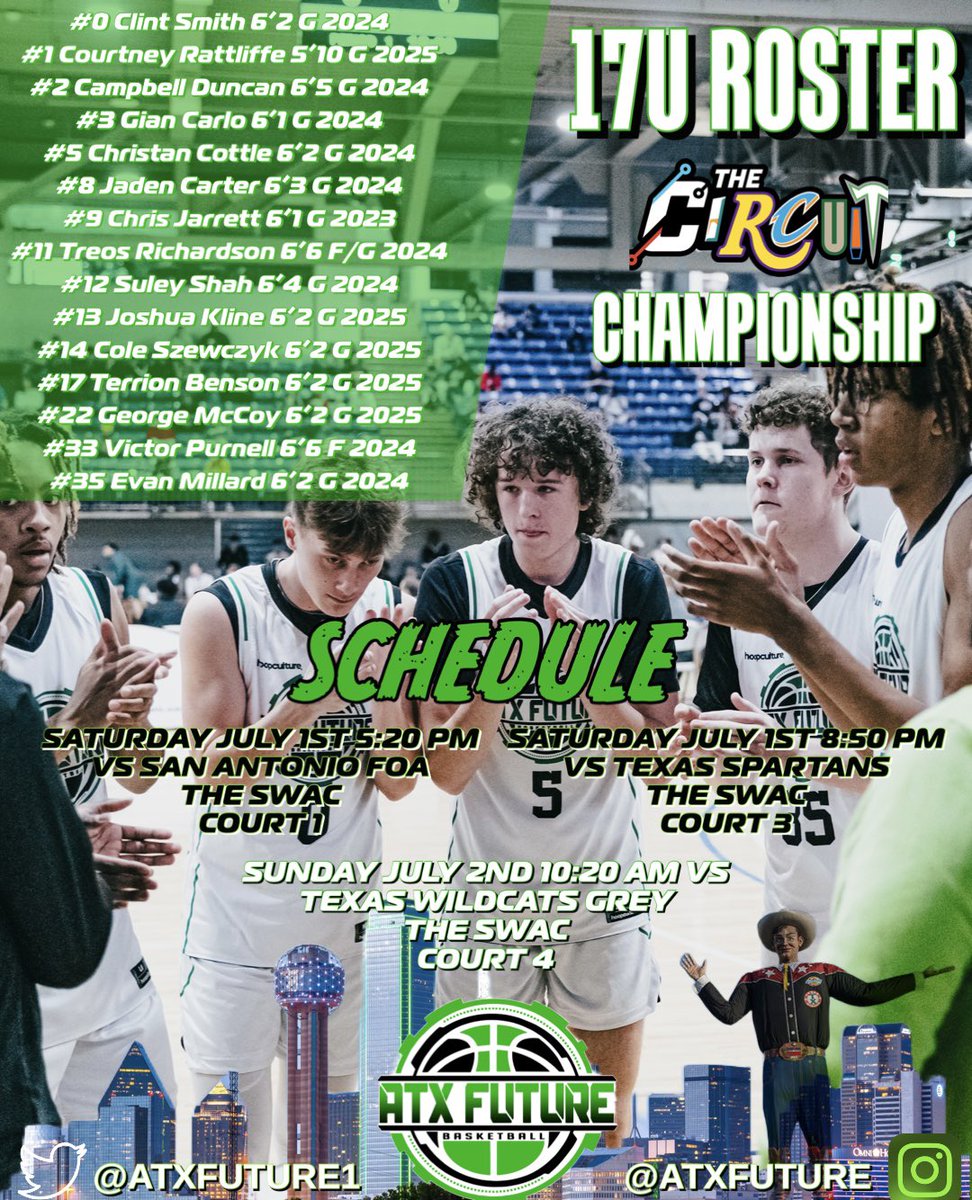 TJ Williams - ATX Future Recruiting Coordinator (@coachtjwilliams) on Twitter photo <a href="/ATXFUTURE1/">Terry Smothers</a> 17U Roster & Schedule heading into the <a href="/TheCircuit/">The Circuit</a> Championship this weekend in Dallas! ๐จ
<a href="/CampbellDunc24/">Campbell Duncan</a> <a href="/j2hoopy/">Jaden Carter</a> <a href="/ATXFUTURE1/">Terry Smothers</a> 17U Roster & Schedule heading into the <a href="/TheCircuit/">The Circuit</a> Championship this weekend in Dallas! ๐จ
<a href="/CampbellDunc24/">Campbell Duncan</a> <a href="/j2hoopy/">Jaden Carter</a>