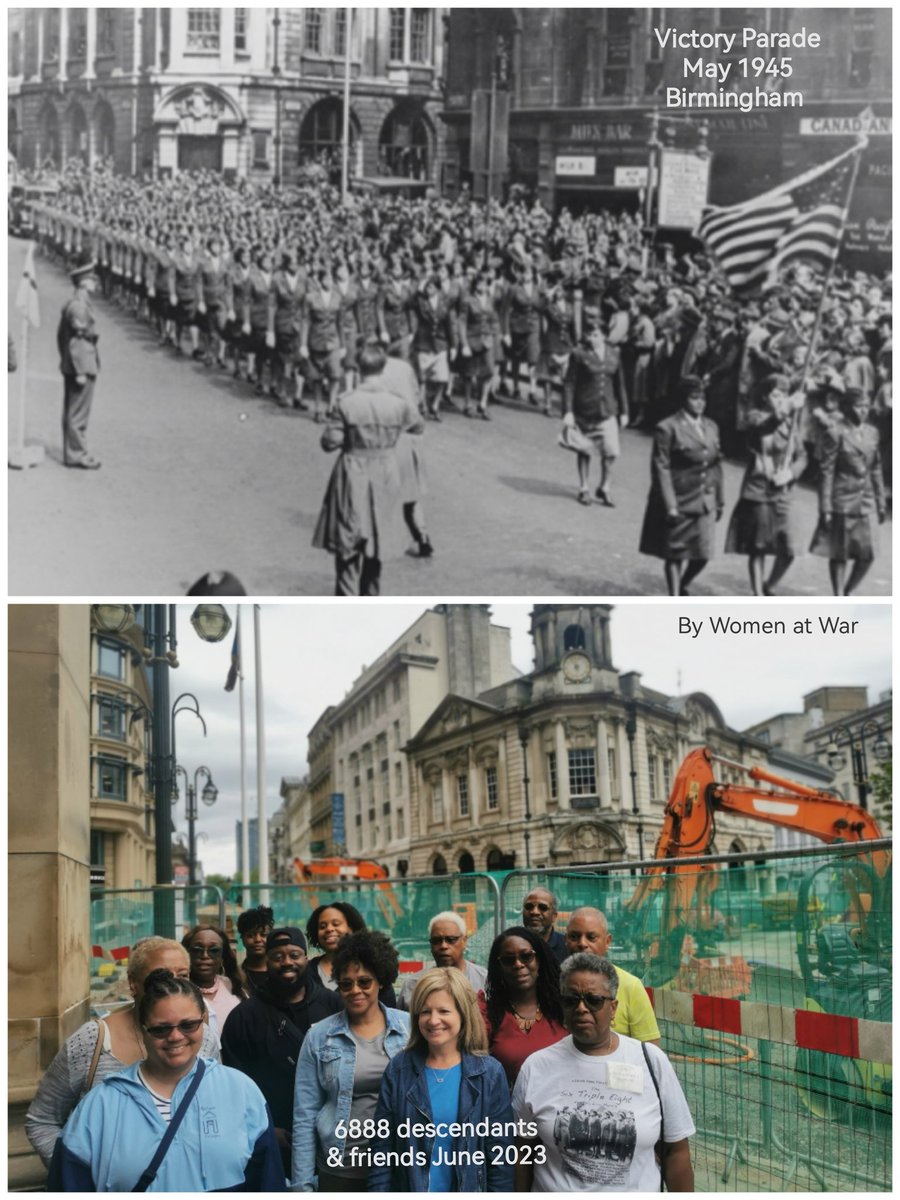 3 iconic images of the #6888th Battalion of the #WomensArmyCorps recreated on the #6888thLegacyTour2023 by @AmbroseTours. I took these in #Birmingham at the same spot as the original images, at @KESBham  & in Victoria Square.
@SixTripleEight #womenshistory #WW2 #blackhistory #WAC