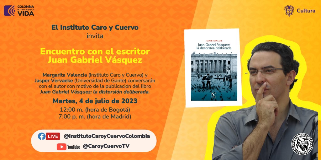 📌  Acompáñanos el próximo martes en el Encuentro con el escritor Juan Gabriel Vásquez.

📲 Transmisión en directo a través del Facebook Live y del canal de YouTube del ICC.

✍ Inscripción previa para quienes prefieran ingresar a la sala de Zoom ➡ bitly.ws/JZtA