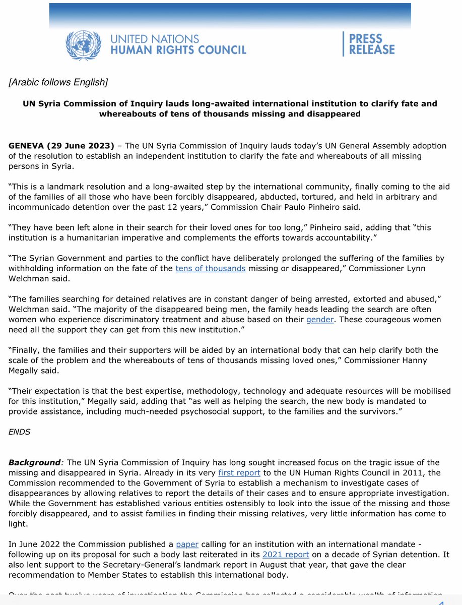 UNCoISyria's tweet photo. Press release: @UNCoISyria lauds long-awaited international institution to clarify fate and whereabouts of tens of thousands missing and disappeared in #Syria by #UNGA https://t.co/QWoniijV6B