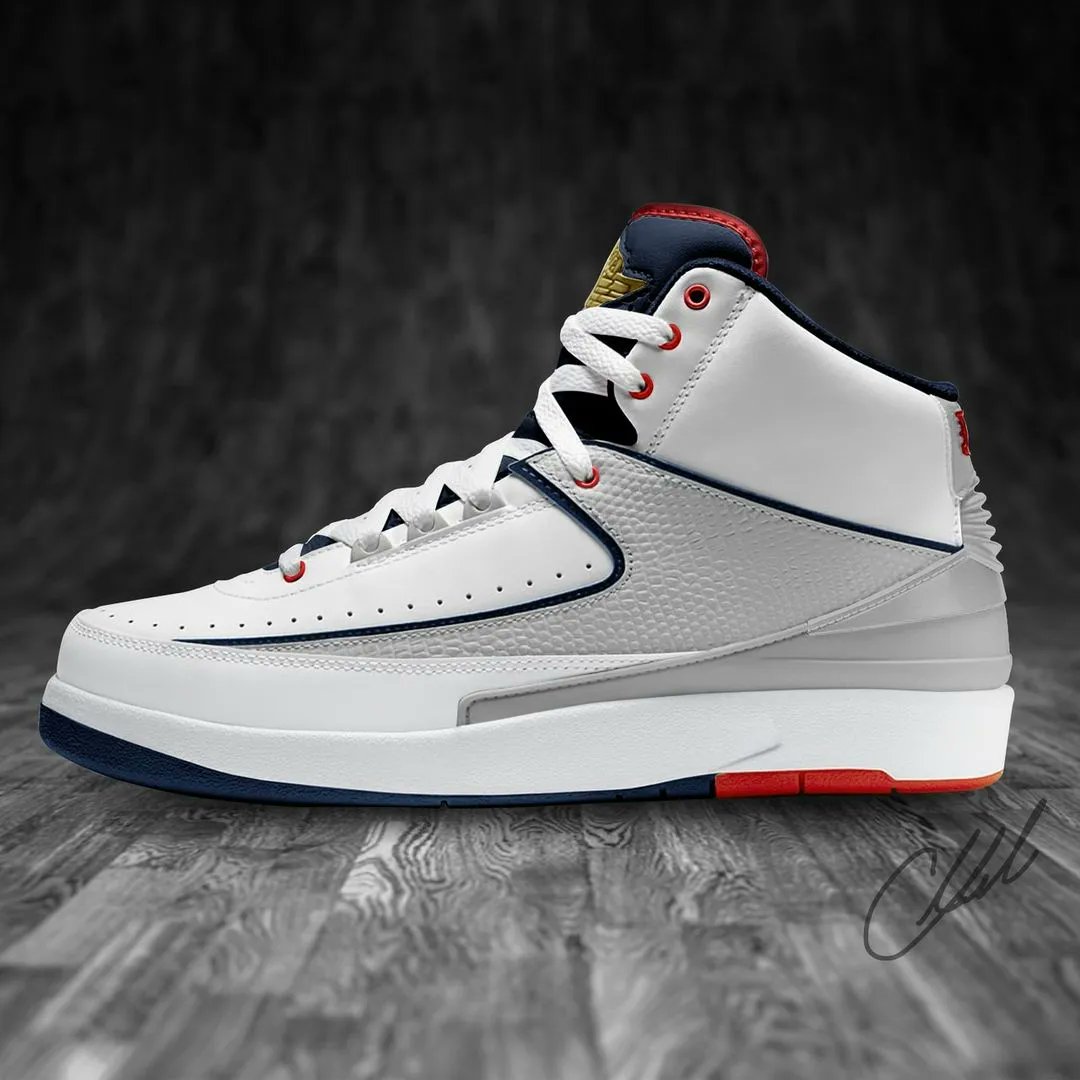 SneakerNews's tweet photo. What if?... 💭

Air Jordan 2 "Olympic" concept 🇺🇸 https://t.co/OsFdkc19lY