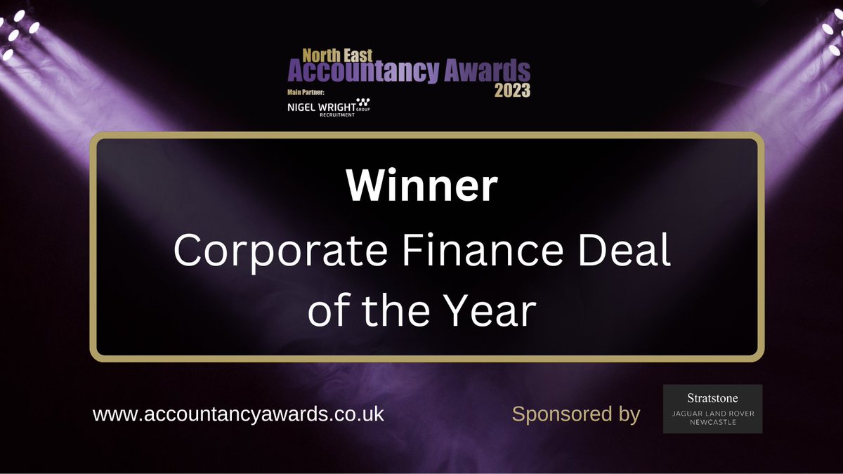 Corporate Finance Deal of the Year goes to 2 teams who worked cooperatively &amp; tirelessly to ensure success with The Management Buy Out of the NA College Group.
<a href="/TIGCorporateFin/">TIG Corporate Finance & Accountants</a> <a href="/RyecroftGlenton/">Ryecroft Glenton</a>
🏆
Sponsored by: <a href="/stratstoneuk/">Stratstone</a>