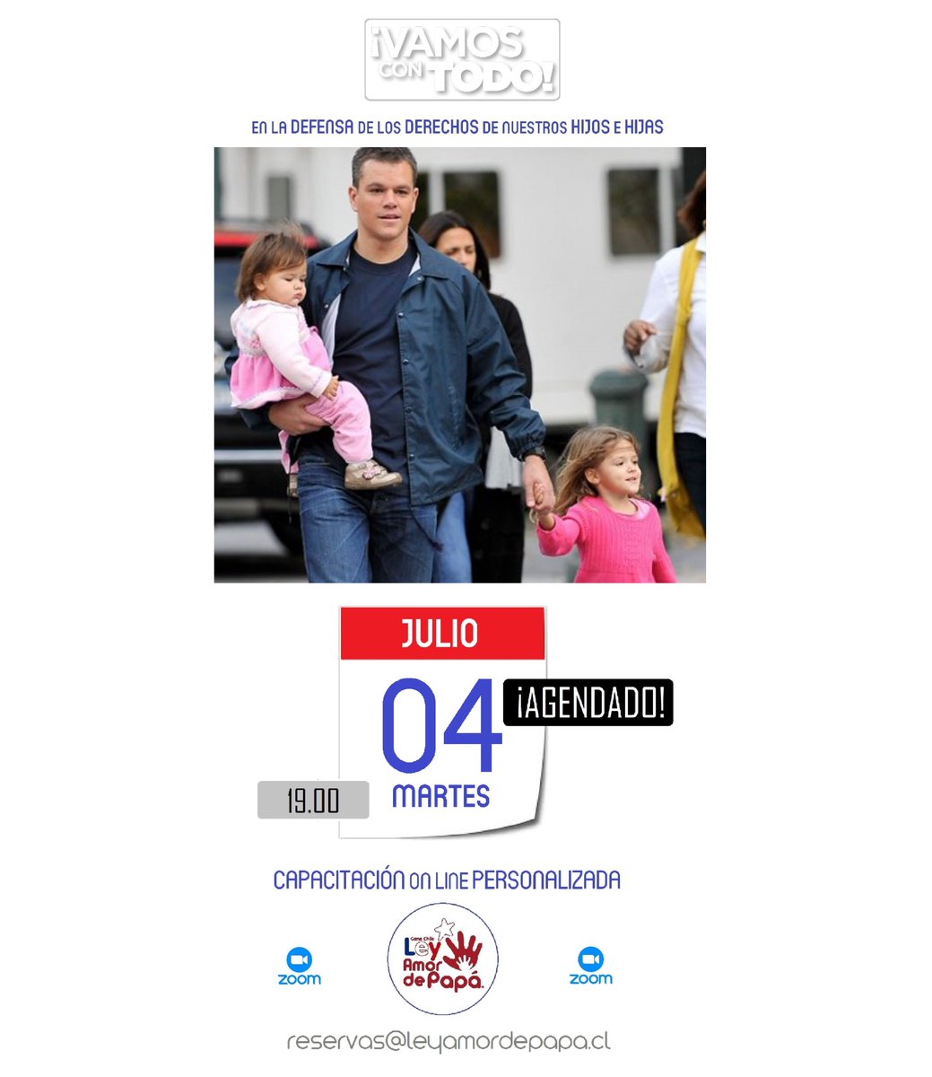 AmordePapa's tweet photo. ¿QUIERE caminar orgulloso junto a sus hijas como el SÚPER @AmordePapa de la fotografía?

¿HASTA CUÁNDO ESPERARÁ PARA DEFENDER LOS DERECHOS DE SUS HIJOS?

INFÓRMESE e INSCRÍBASE escribiendo a  reservas@leyamordepapa.cl

¡TODO POR EL INMENSO AMOR QUE SENTIMOS POR NUESTROS HIJOS! https://t.co/J2JXBq4UEk