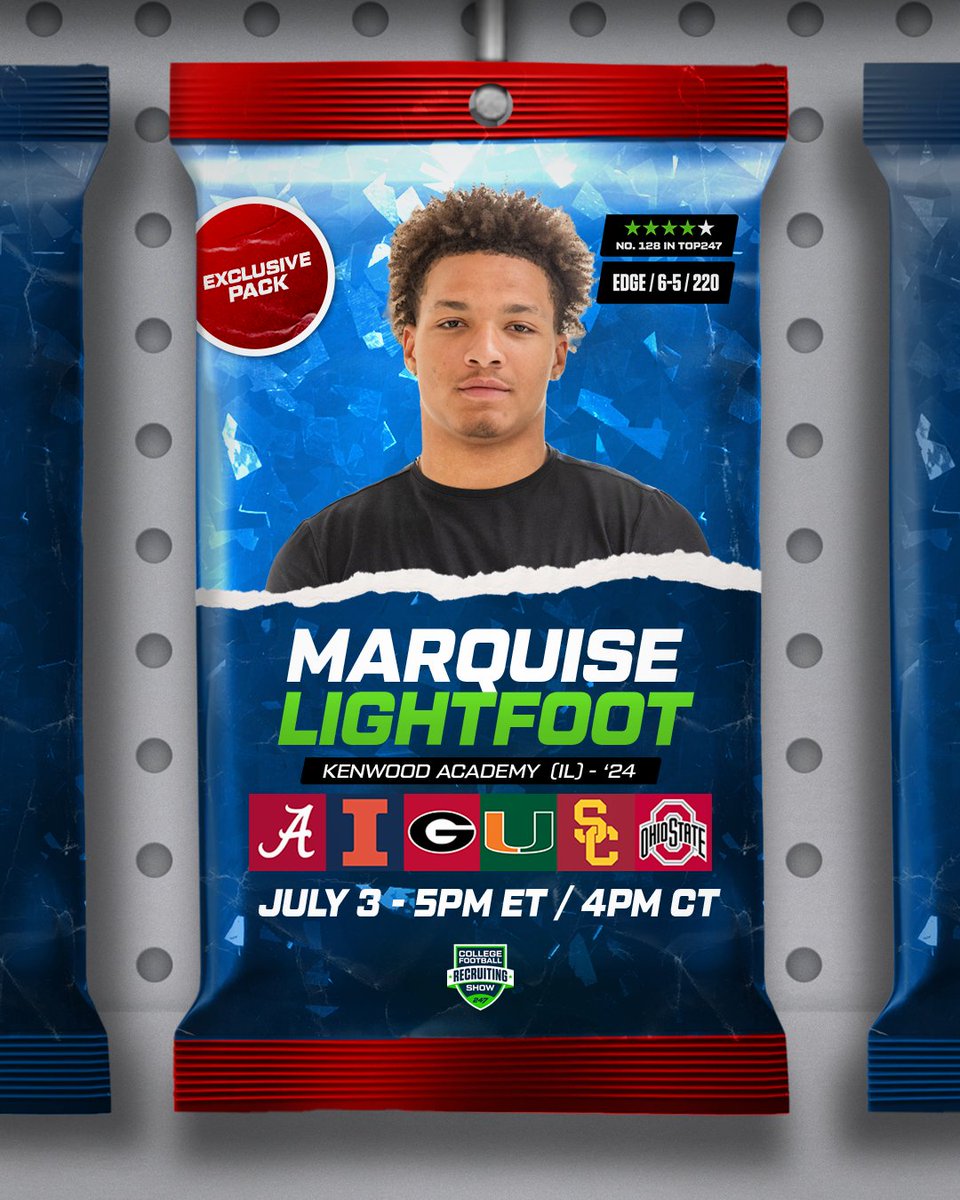 BREAKING: 4-star EDGE Marquise Lightfoot will announce his college commitment LIVE on The College Football Recruiting Show Lightfoot is the No. 128 overall ranked prospect in the 2024 class @MarquiseL01 x #CommitHQ ⏰: July 3 - 5PM ET/4PM CT 📺: youtube.com/247Sports?sub_…