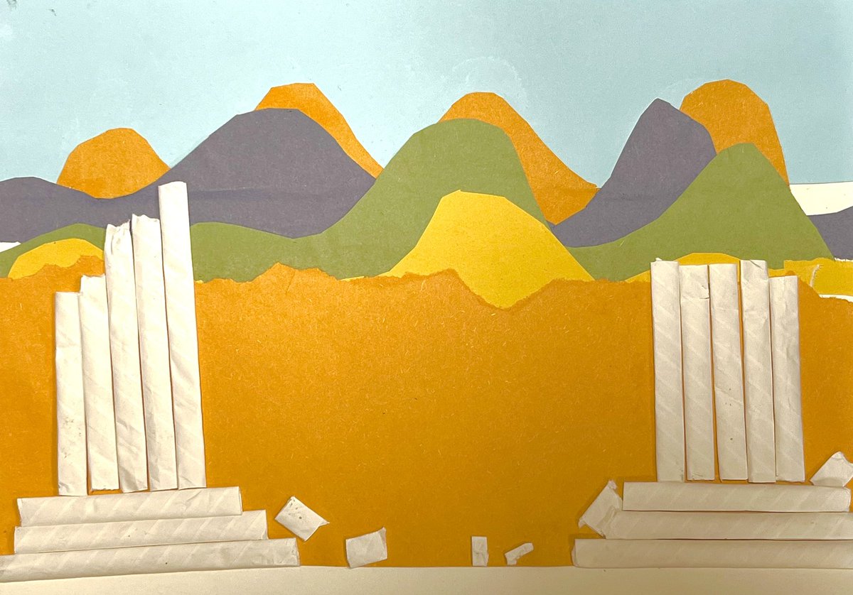 Carrying on from their Ancient Greek columns as featured below, and keeping with the theme of architecture, here are Class 4's Greek Temple landscape collages.
This really tested their cutting, layering and calculation skills needed to make the artwork.