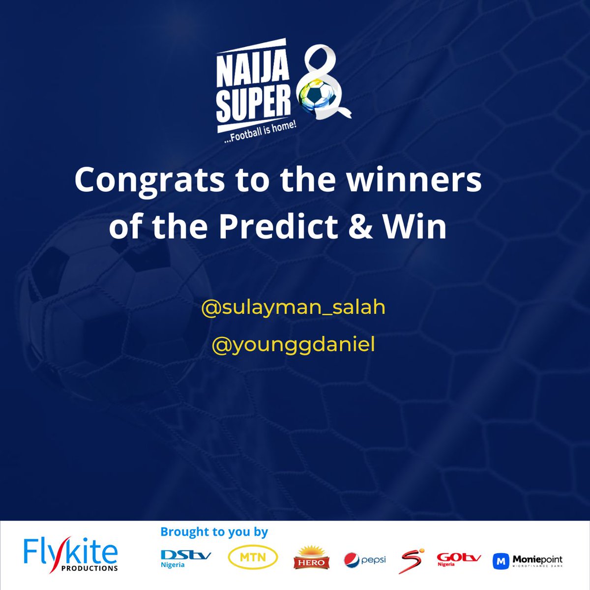 Congratulations to the following persons who correctly predicted the wildcards.

@Sulayman_Salah
@YounggDaniel

You have won match day tickets to watch any game of your choice at the Naija Super 8 tournament. Send us a DM for more information.

#NaijaSuper8 #NS8LiveDraw