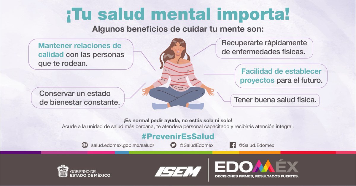 La óptima salud involucra el bienestar emocional, psicológico y social de una persona🙂, esto tiene que ver con lo que piensas y sientes, como actúas y reaccionas ante momentos de estrés.
¡Es normal pedir ayuda!, #TuSaludMentalImporta💚
#PrevenirEsSalud