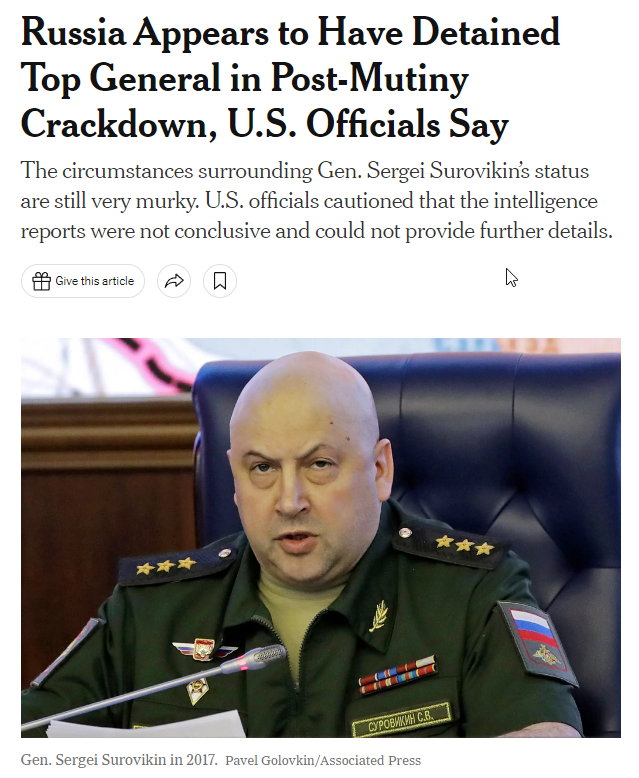 Tendar's tweet photo. There are ongoing speculations whether General Surovikin has been detained or not. There are plausible arguments for either variants to be true, but this is becoming increasingly irrelevant due to the fact that the longer the Kremlin drags this on, the more problematic it becomes for the Kremlin. It shows that the Putin regime is still mainly in the dark who has been part of the insurrection and who not. We can be sure that high-ranking members of the military and the intelligence services were part of it, or at least willing to accept a certain type of "change" in leadership.

It is possible that by sending ambiguous messages regarding Surovikin the Putin regime is trying to find out who around him knew something, who is supporting or distancing from him. However, this would be a rather hapless tactic, since it backfires at the (already low) morale of the Russian army and sows more distrust in Russia. The Kremlin would opt for this tactic only when being desperate, which has been a constant since a long time.

The paranoia of lame duck Putin is completely off the charts. He cannot even rely on his own intelligence services since Prigozhin has been intertwined with them as well. He can likely "trust" the incompetent duo, Shoigu and Gerasimov, because they have anyway nobody else to go to. This also explains why Putin cannot so easily detach himself from those two. Loyalty supersedes competency, especially after a coup which is still impacting Putin's judgment, elevating incompetent people into higher spheres and by doing so increasing the frictions which led to this coup in the first place. Short: boomerang.

#Russia #Coup #Ukraine

Link to article:
https://t.co/bpoMpet6bk