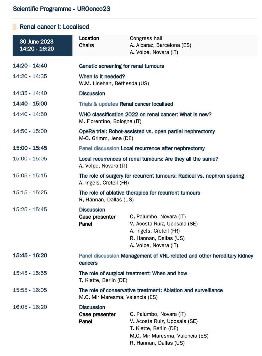Join the #KidneyCancer localized session on June 20 at 14.20 #UROonco23. Update on genetic screening, WHO new classification pand panel discussion on clinical cases on local recurrence and hereditary kidney cancer. @MRoupret @Dr_Klatte @carme_mir1 @CPalumbo87 @AntonioAlcarazA