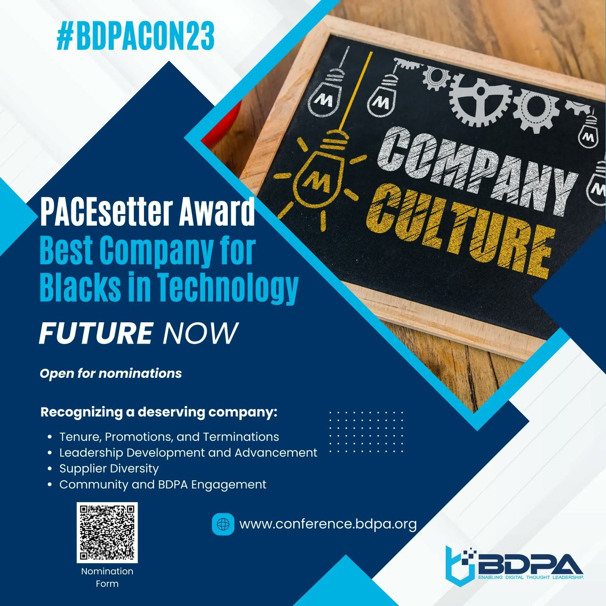 The nomination forms for this year's PACEsetter awards are now LIVE! If you have a Fortune 1000 company you'd like to recognize for their outstanding work, please scan the QR code to submit. **Submission deadline: Friday, July 14th** #BDPACON23 #IT