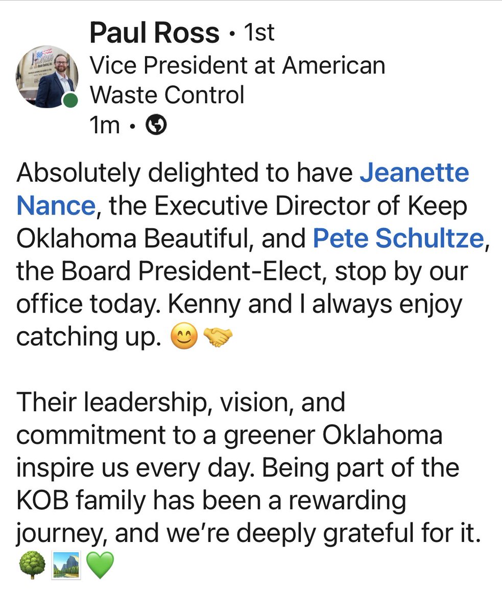 jmnance's tweet image. Been all over Tulsa today visiting @keepOKbeautiful affiliates and faithful sponsors! @WasteManagement @MetRecycle #UpWithTrees #NewSolutions #AmericanWaste #GoodDay