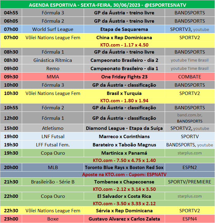 Esportes Na TV 📺 on X: A agenda esportiva desta SEGUNDA-FEIRA  (09/10/2023) Faça sua aposta na @KTO_brasil utilizando o cupom ESPNATV no  cadastro e garanta 20% de bônus no seu primeiro depósito!