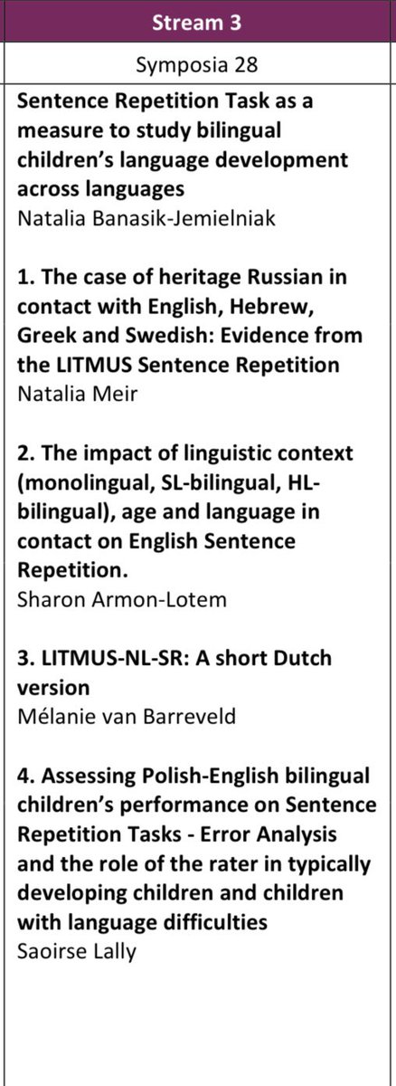 Looking forward to presenting @ISB14MQ today on Polish-English bilingual language assessment by monolingual SLTs using #SRep tasks! 

📍Join Stream 3/Room 305 @ 15:45 AEST / 6:45am IST for everything #SRep task related! 
@stashaantonije1 @Natkalia #ISB14
