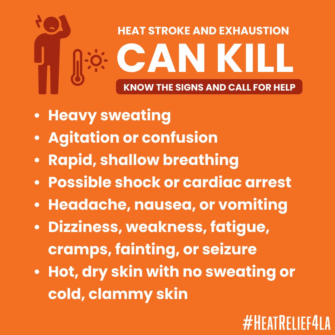 ☀️🌡️ Know the signs of heat stroke: hot &amp; dry skin, rapid pulse, dizziness, and disorientation. Act fast! 1️⃣ Move to a cool area 2️⃣ Drink water 3️⃣ Call 911 and seek medical help Stay safe in the heat! Link in bio for heat relief resources ➡️Climate4LA.org/Heat #HeatRelief4LA