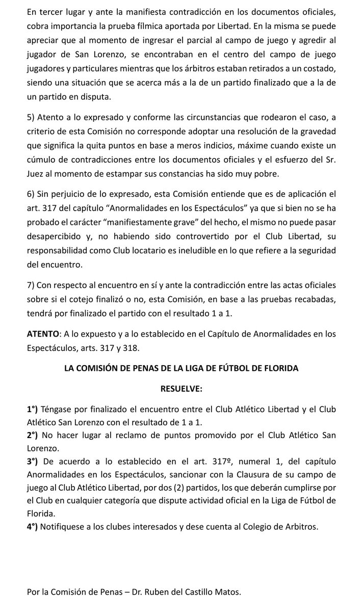 La comisión de Penas de la <a href="/liga_florida/">Liga Fútbol de Florida</a> NO hizo lugar al reclamo de San Lorenzo, el partido ante <a href="/LIBERTADde25/">Club Atlético Libertad</a> finalizó 1 a 1.
<a href="/fmflorida89_3/">FMFlorida89.3</a> <a href="/tvflorida/">Canal TVFlorida</a>