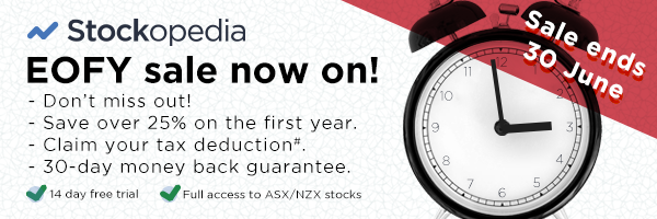 Last day of Stockopedia's #EOFY sale

Receive deep value for $350 for the first year. To claim a tax deduction this FY, we can push payment through and add the trial time to your money back period

why.stockopedia.com/eofy-23/

#asx #investing #shares #stocks #sharemarket  #jointoday
