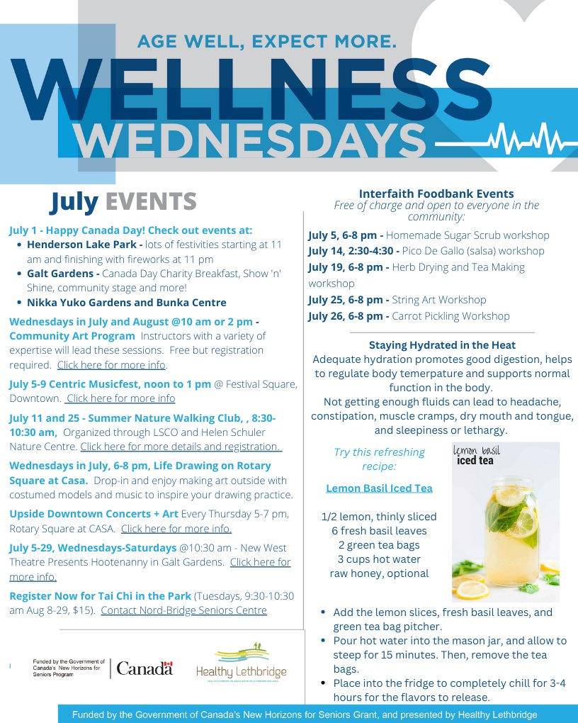 Check out the latest Wellness Wednesday July newsletter here: bit.ly/WellWedJul2023 
There are lots of activities to take part in during July. Try the refreshing, delicious Lemon Basil Iced Tea!